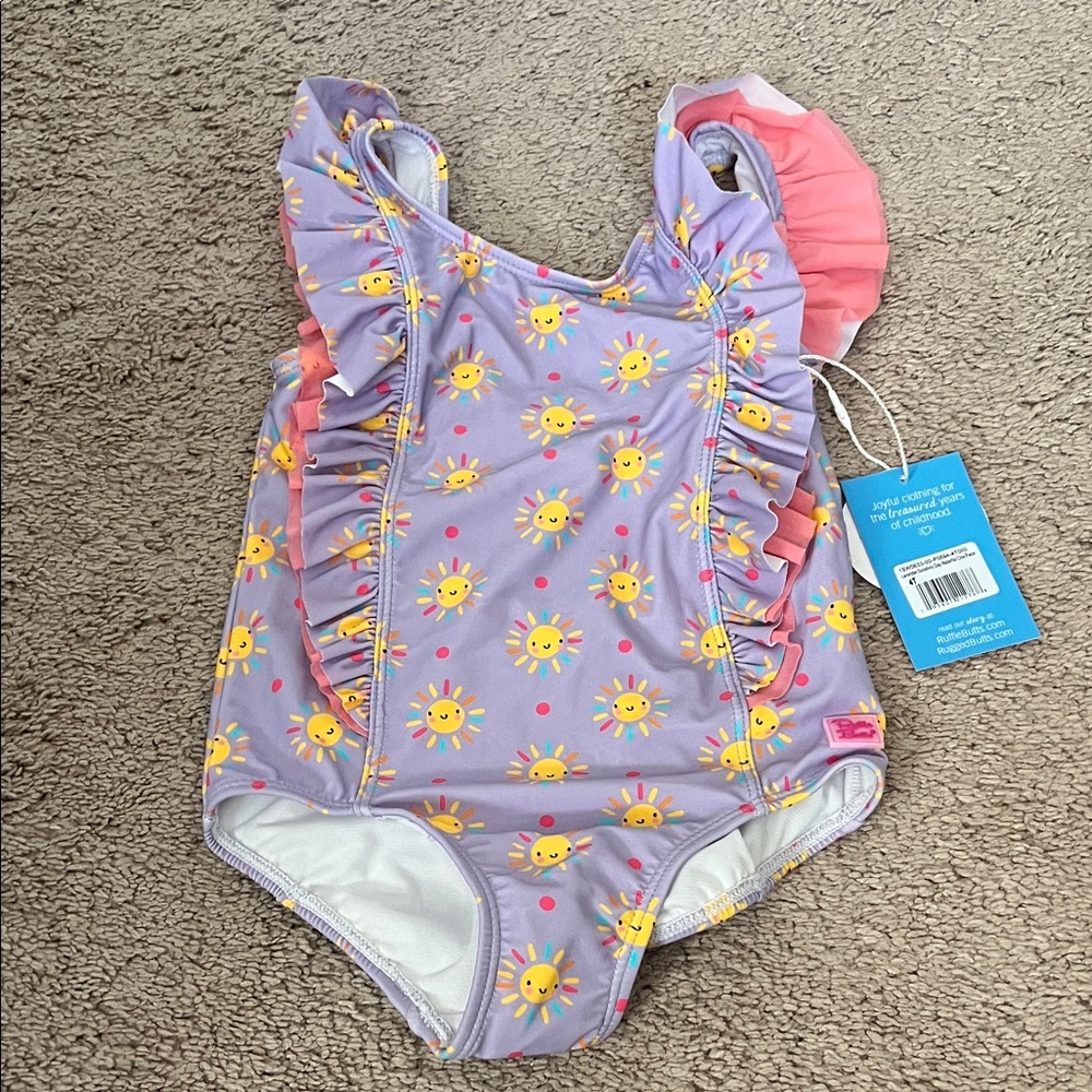 Ruffle Butts Kids Swim One Piece Sun Print Swimsuit in Purple and Pink 4T